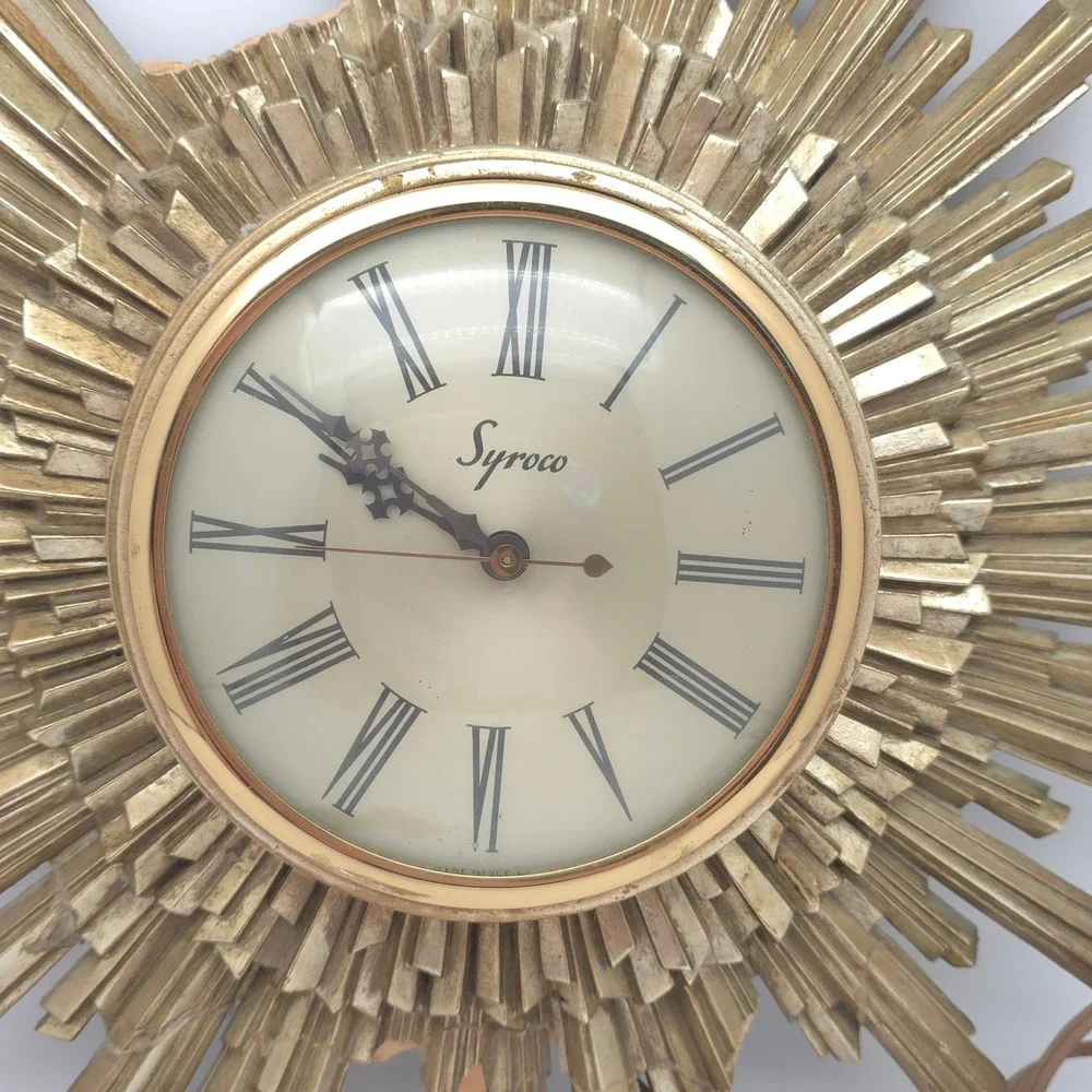 Syroco Sunburst Wall Clock Mid Century Modern Electric Vintage Movement Works